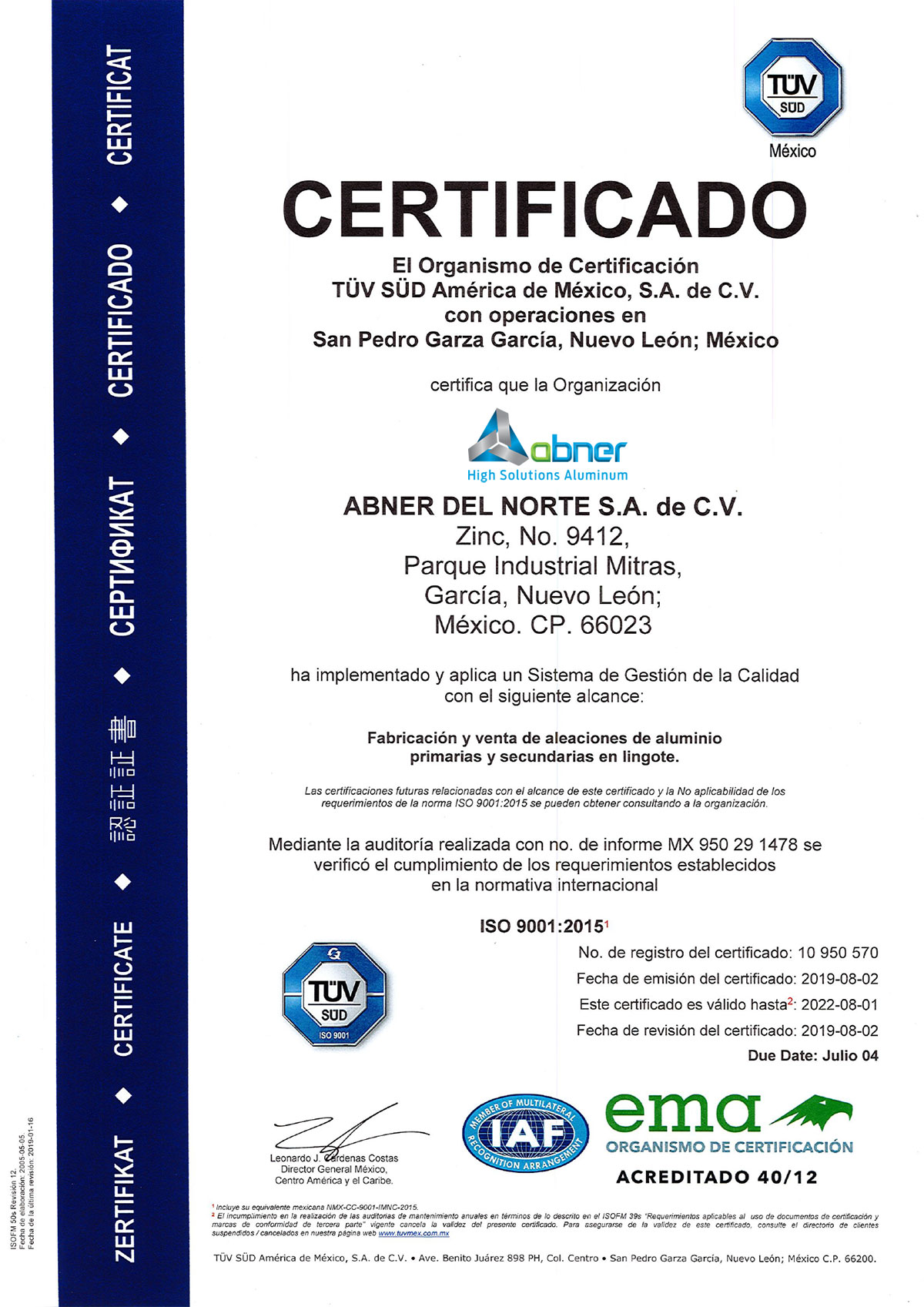 Certificado Iso 9001 2015 Arauco Medio Oriente